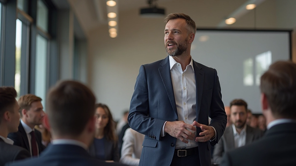 Man staat voor publiek en spreekt zelfverzekerd met goede lichaamshouding en oogcontact