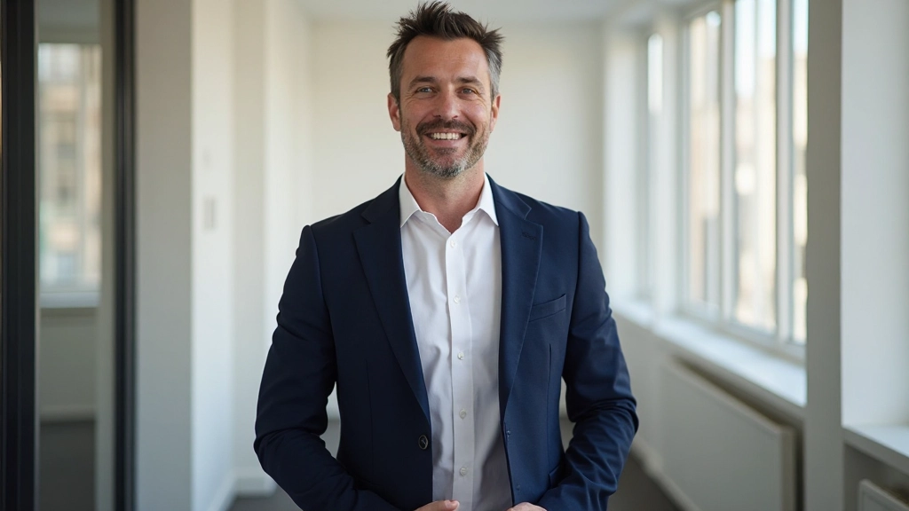 Professionele man in zakelijk pak spreekt zelfverzekerd in modern kantoor