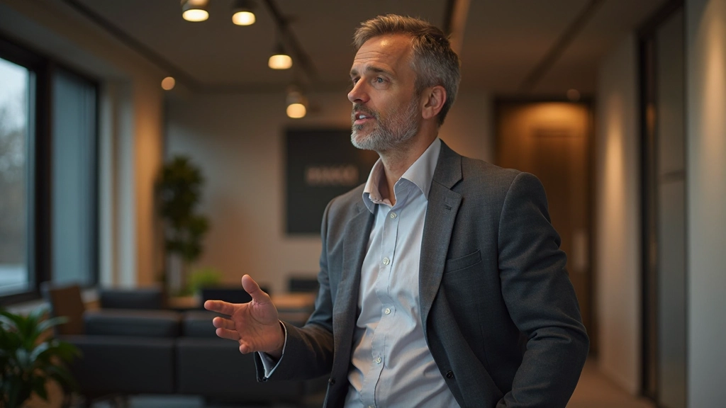 Man in professionele setting spreekt met zelfvertrouwen en goede houding, demonstreert juiste stemtechniek