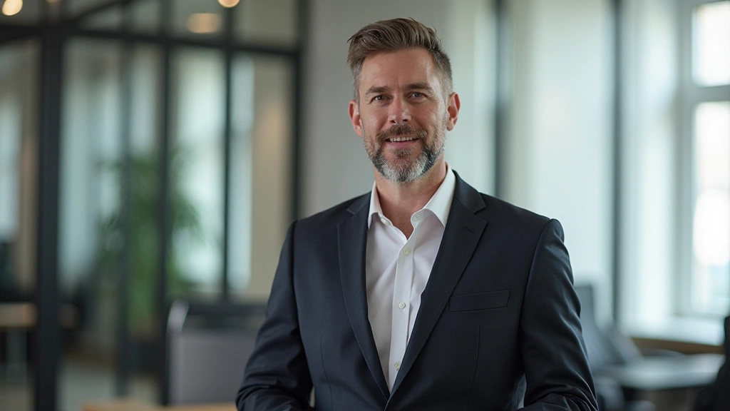 Professionele man in zakelijk pak spreekt zelfverzekerd in modern kantoor met natuurlijke verlichting