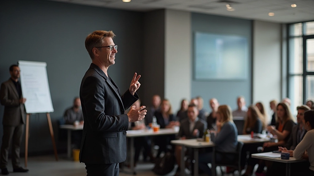 Professionele spreker geeft presentatie met duidelijke vocale communicatie