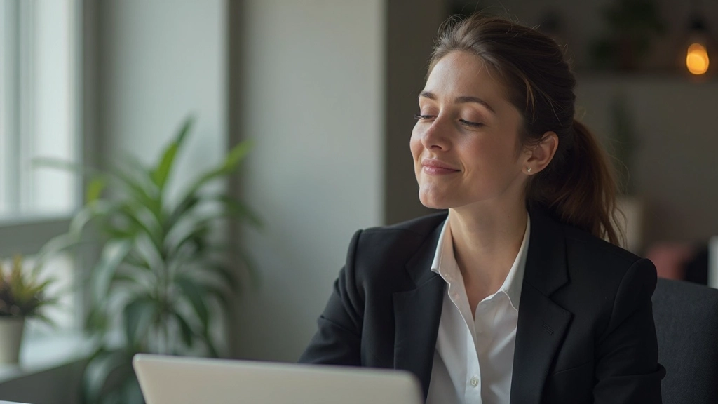 Vrouw die zich ontspant op kantoor, stilte en rust, gezonde werkplek, entspanningspauze