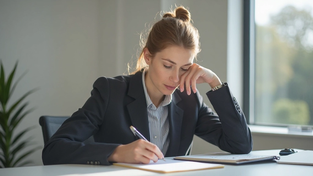Vrouw voert voorbereiding uit, schrijft aantekeningen en plant haar presentatie op een bureau