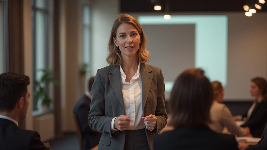 Vrouw in zakelijk vrijetijdskleding presenteert voor publiek met animatie