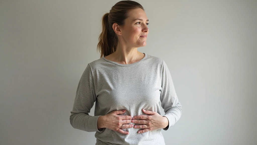 Vrouw in casual kleding doet buikademhaling oefening met handen op buik, concentratie gezicht, neutrale achtergrond